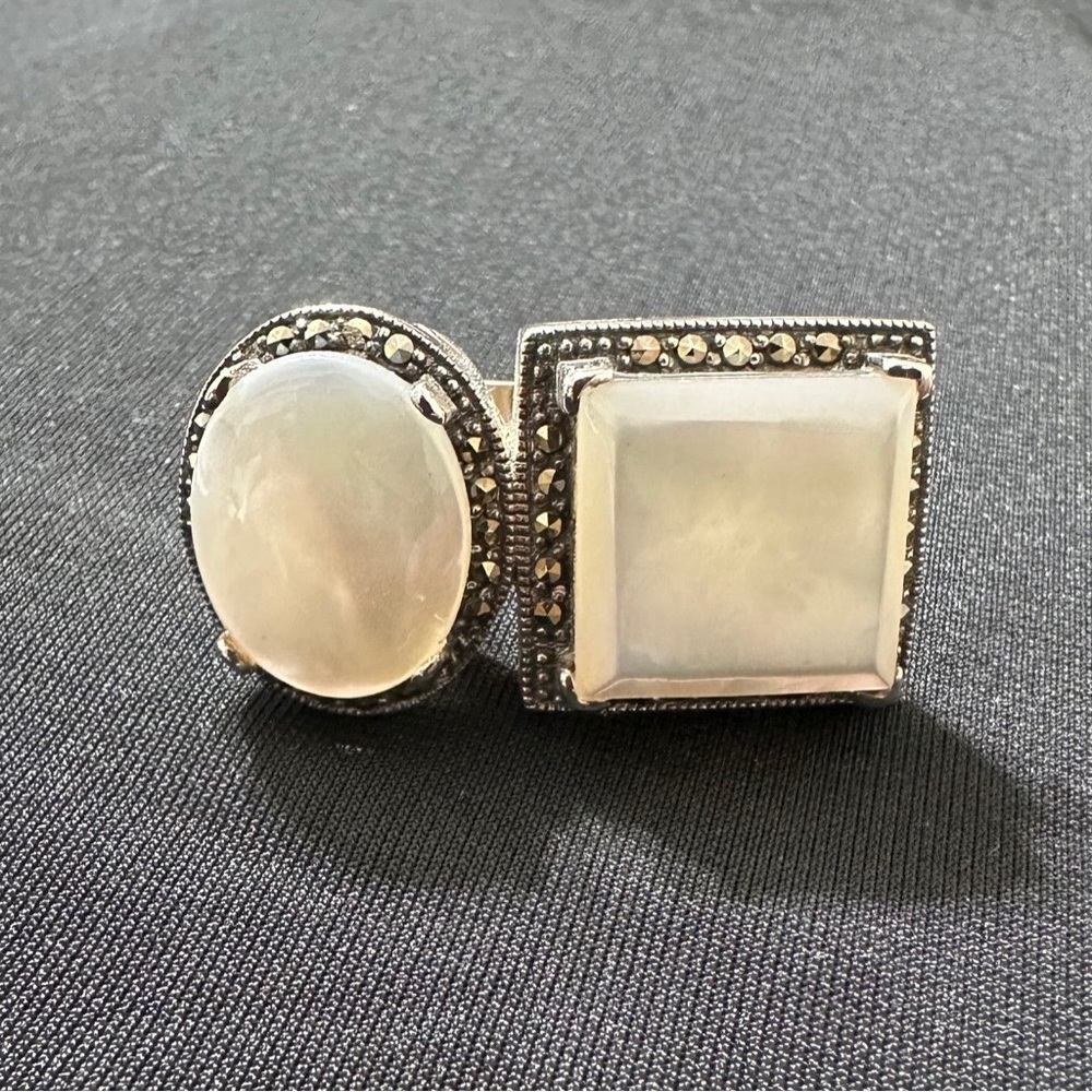 Unique Vintage SR 925 Double Mother of Pearl Marcasite Statement Ring